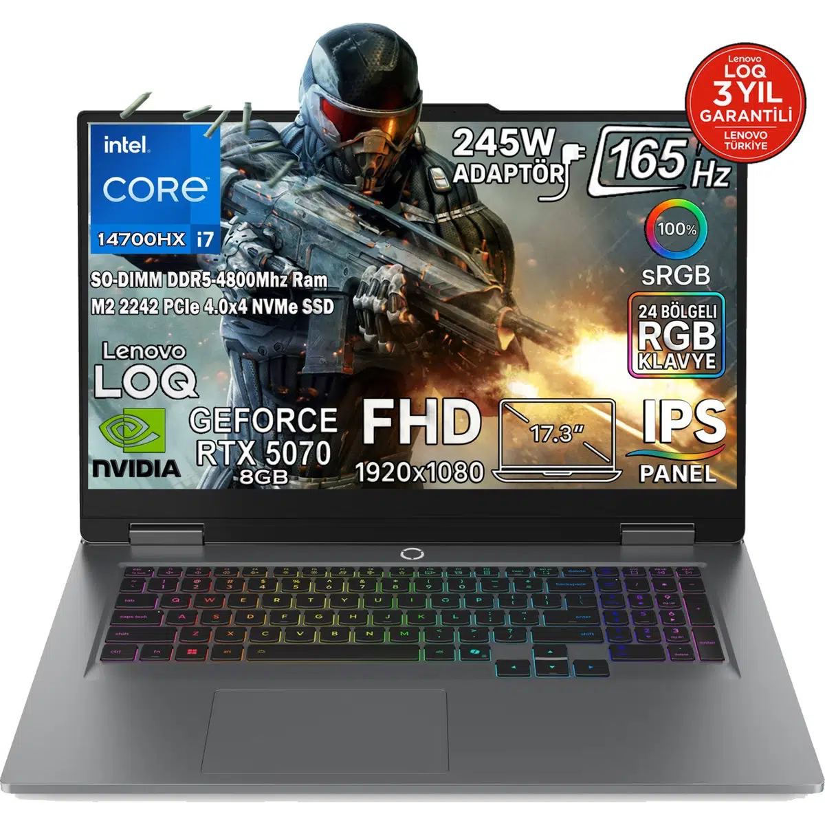 LOQ 17IRX10 Intel Core i7 14700HX 24GB 1TB SSD RTX 5070 8GB (115W) 17,3